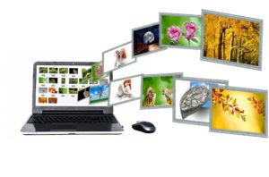 Images flying out of a laptop - associations to good website content strategies.