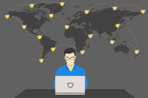 Man researching buying security software, with world map and security network behind him.