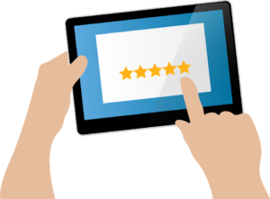 a cartoon drawing of a person giving feedback in the form of five-star rating