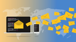 A drawing of a computer sending e-mails over the world.