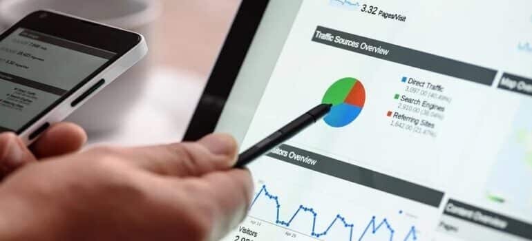 A person holding a pen over a pie chart on traffic sources.