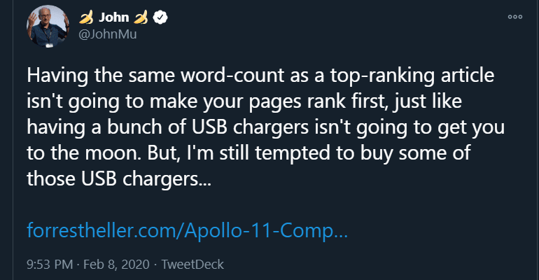 John Mueller's tweet on the topic of word count as a ranking factor.