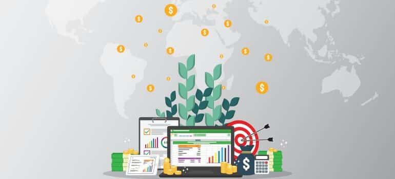 Marketing elements with a world map in the background.
