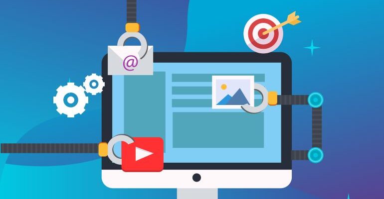 Vector image of laptop with mechanical hands and marketing icons.