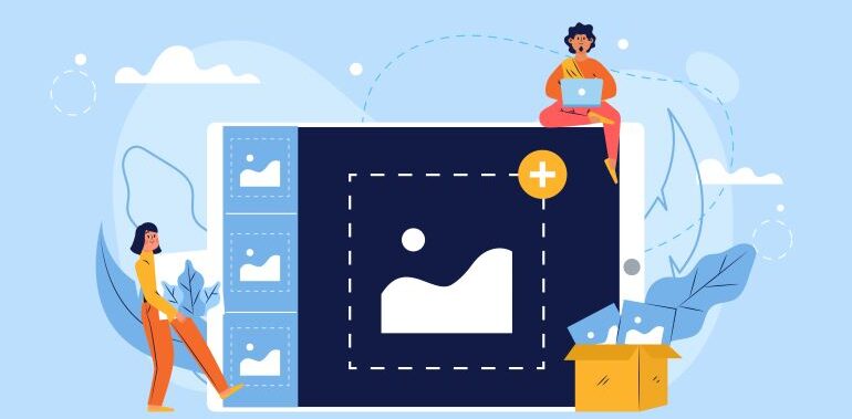 Vector image of people uploading images on a website.