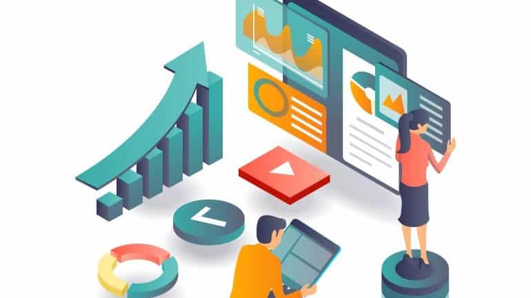 Vector image of two people measuring organic traffic.