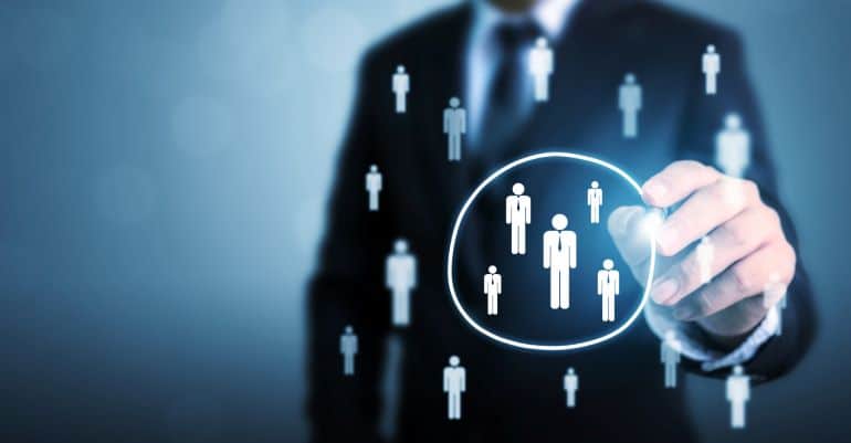 Vector image of a businessman selecting a target group of online prospects.