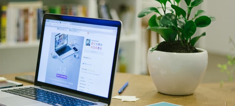 An open laptop on a table next to a plant