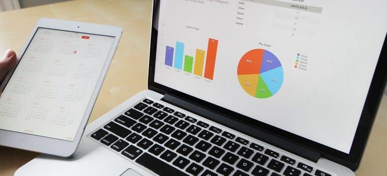 Marketing analysis on a laptop screen.