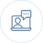 Icon of a consultant on a screen, with conversation cloud.