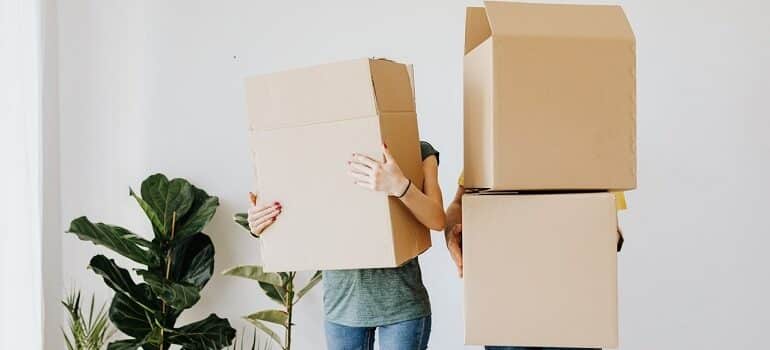 Couple lifting boxes for a move.